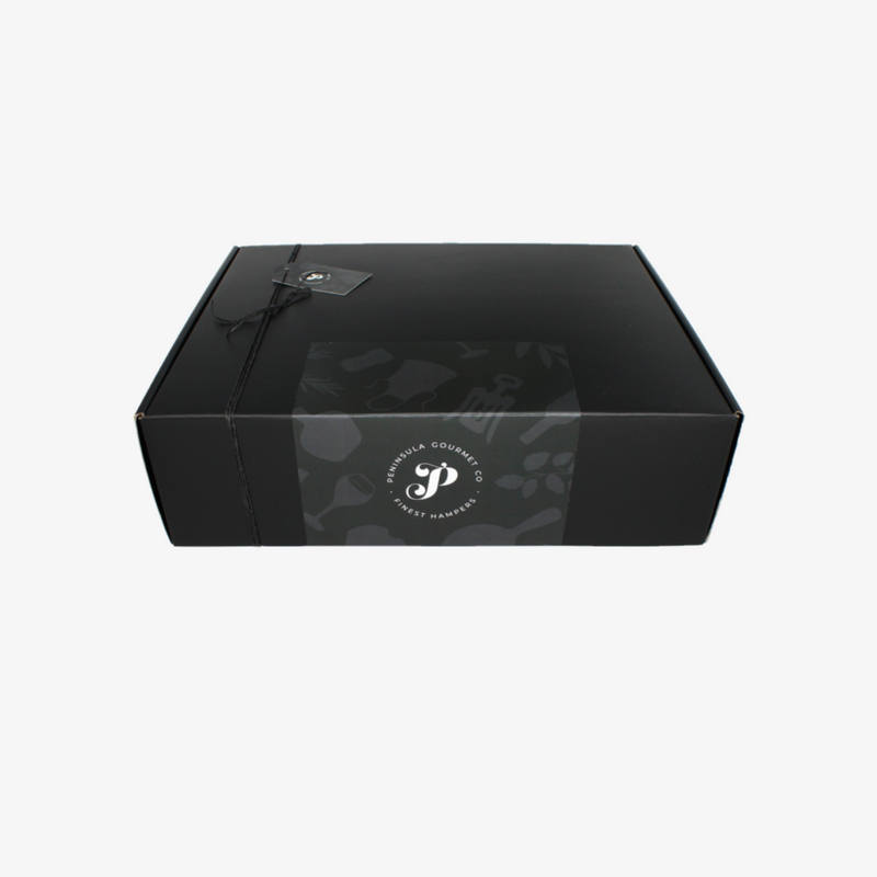 Black signature hamper box with unique greeting card.