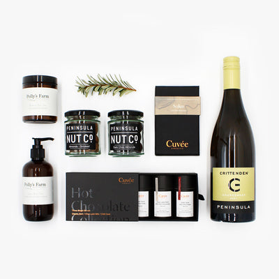 Crittenden Estate’s Peninsula Chardonnay brings the finest summer vibe with Peninsula Nut Co’s Smoked Almonds and Chocolate Almonds plus Cuvee Chocolates Soleo bar delivering the perfectly matched sweet and savoury bites. The spa sensation is provided by Pollys Farm Bath Soak and Body Wash with Cuvee Chocolate’s Hot Chocolate Collection 