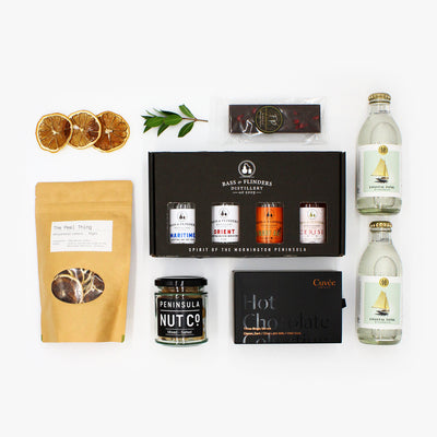 “Wild & Spicy” Gin 10. Enjoy matched with Coastal Tonic and dehydrated lemons from The Peel Thing. The bounty is finished off with FP’s naughty Dark Raspberry Chocolate bar, Peninsula Nut Co’s Mixed Salted Nuts and Cuvee Chocolate's delectable Hot Chocolate Collection.