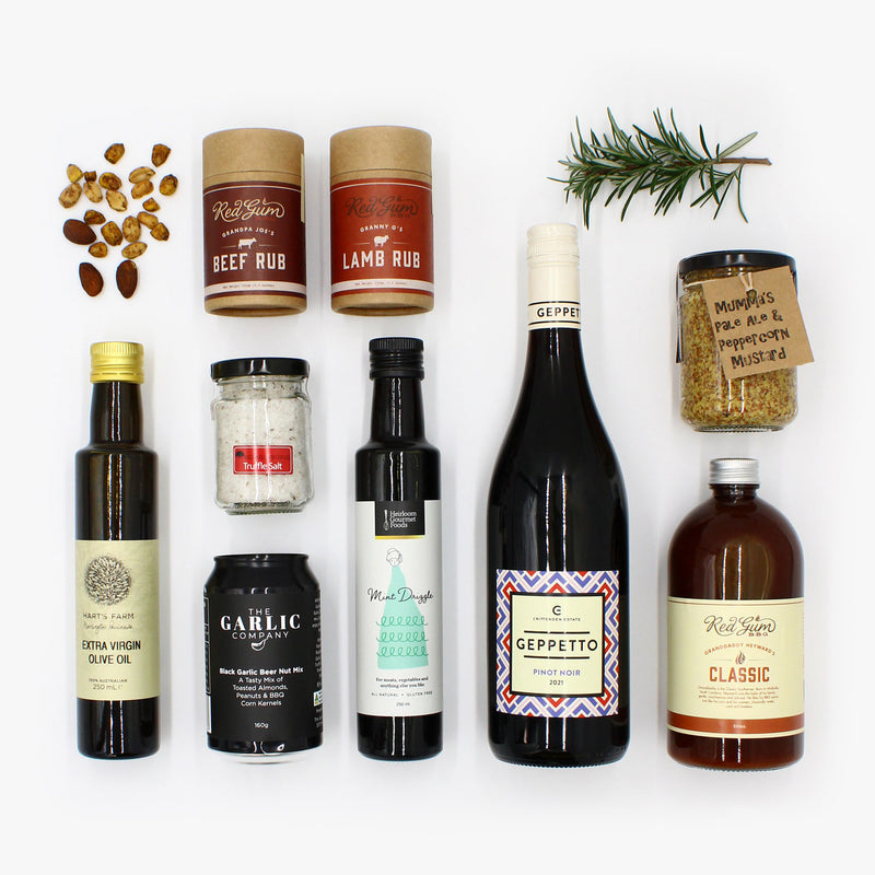 Beef and Lamb Rubs from award-winning local restaurant Red Gum BBQ together with their Classic Sauce.  Harts Farm Extra Virgin Olive Oil with Red Hill Truffles Truffle Salt. Rounding out the box we have Mumma Made Pale Ale Mustard and Heirloom Gourmet Mint Drizzle for the perfect accompaniment to your feast, a bottle of Crittenden Estate’s Geppetto Pinot Noir and The Garlic Company’s Black Garlic Beer Nut Mix