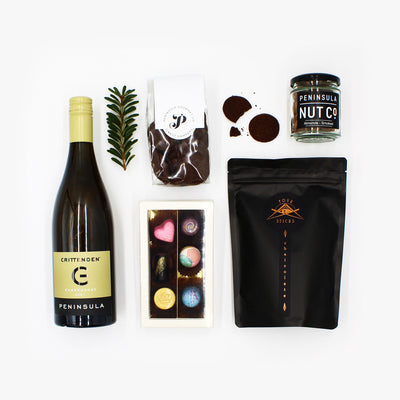 Crittenden Estate’s fantastic Peninsula Chardonnay is matched with local chocolatier Fusione and their beautiful hand-made chocolates. Peninsula Nut Co supplies the Smoked Almonds, while we’ve included our very own Chocolate & Espresso Biscuits and Four Sticks decadent Chaiolate Hot Chocolate