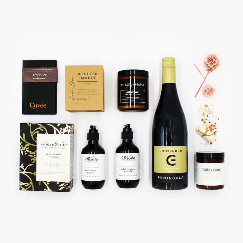 Crittenden Estate’s Peninsula Pinot Noir paired with Cuvee Chocolates Amphora bar combine to provide the indulgent taste sensation. Olieve & Olie’s Wash & Cream Twin Set is gifting made beautiful while Willow & Maple’s Ocean Blue Candle and Polly’s Farm Bath Soak