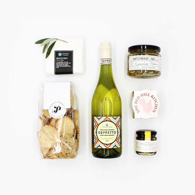 Crittenden Estate’s lovely Geppetto Chardonnay with Boatshed Cheese ever popular Beach Box Brie. To round the picnic out we’ve added BatchMade’s Cucumber (or Fennel in winter) Pickles, The Red Hill Kitchen’s Quince and Woodman Estate’s Honey to enjoy with our very own crispbreads. 