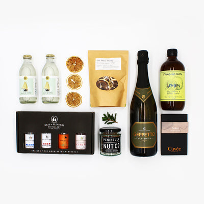 Bass & Flinders Gin Sampler, The Peel Thing Dehydrated Lemons, That Spirited Lot Lemon Syrup and Strangelove Coastal Tonic, Crittenden Estate Sparkling Brut Cuvee Chocolate’s Soleo. Peninsula Nut Co Smoked Almonds.